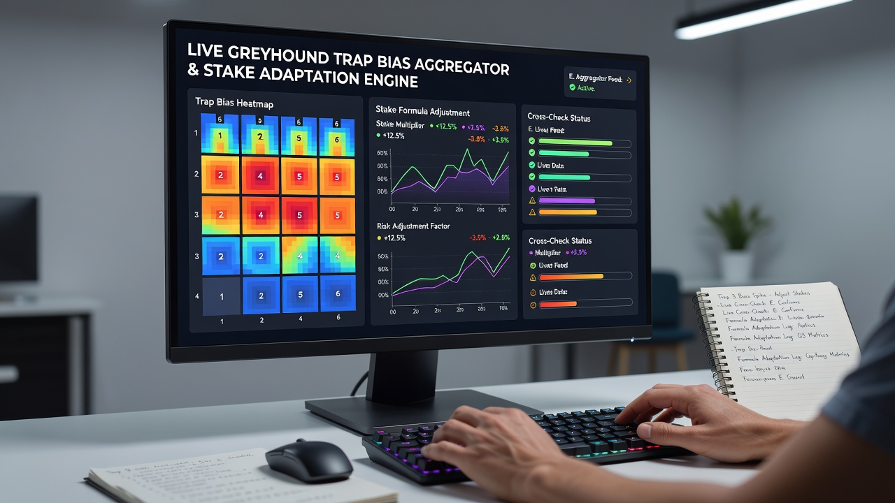 Live betting dashboard displaying aggregator data and stake adjustment metrics for greyhound races