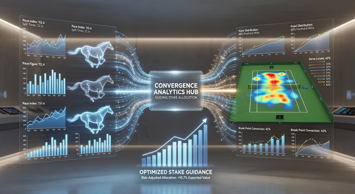 Portfolio allocation interface showing stake percentages derived from converged horse racing and tennis analytics