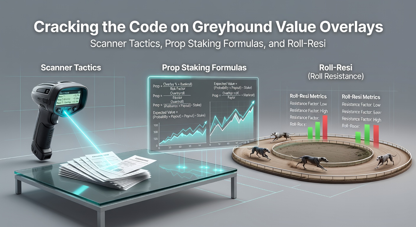 Close-up of a betting scanner interface displaying greyhound odds overlays, props, and staking recommendations during a live race