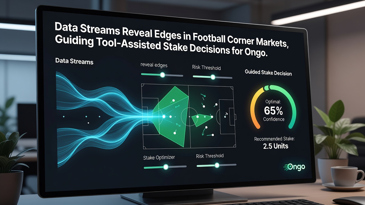 Screenshot of a betting analysis dashboard displaying corner market probabilities and stake recommendations
