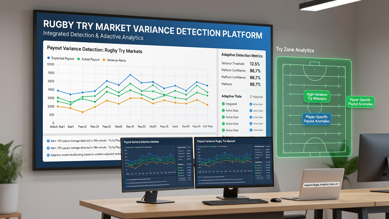 Adaptive allocation model dashboard displaying stake adjustments for rugby try bets