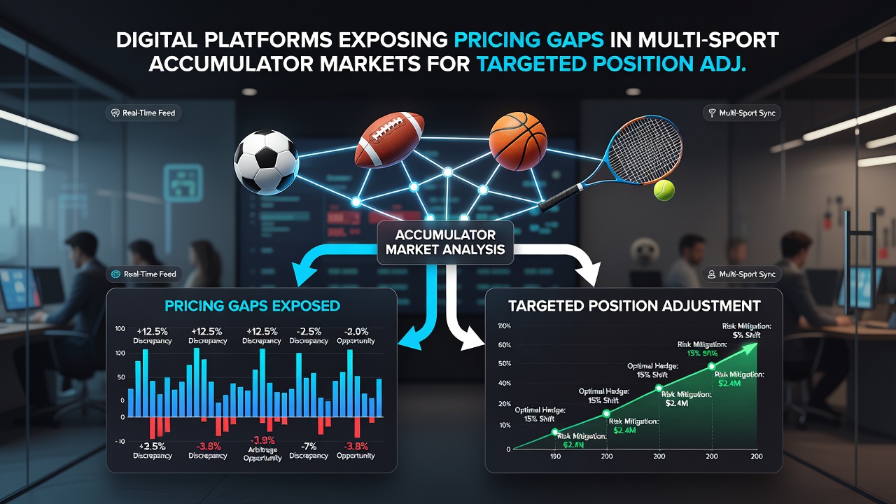 Analyst reviewing accumulator pricing gap alerts on a tablet with multiple sportsbook tabs open