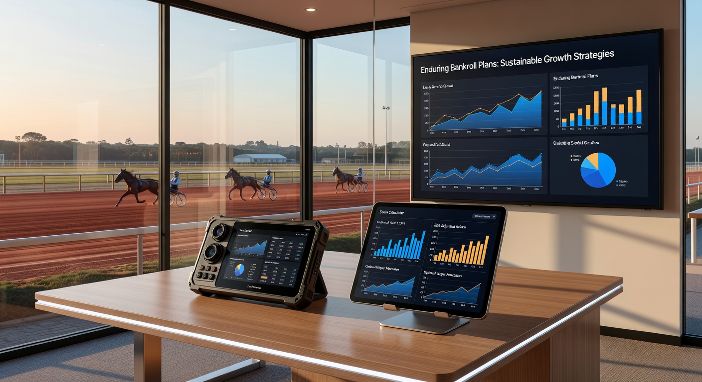 Close-up of a stake calculator interface displaying Kelly Criterion inputs for a harness race wager, with graphs showing projected bankroll growth curves amid fluctuating odds lines