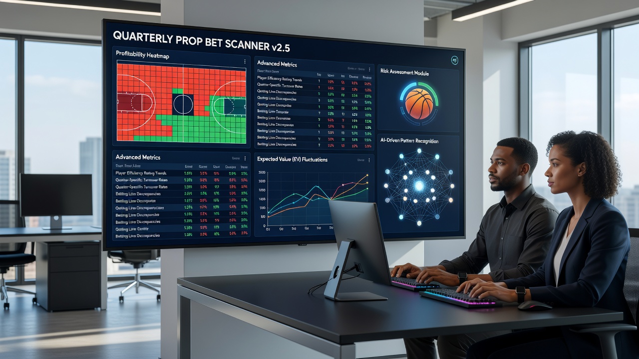Dashboard showing bankroll allocation across multiple basketball quarter prop wagers with Kelly criterion calculations and exposure limits