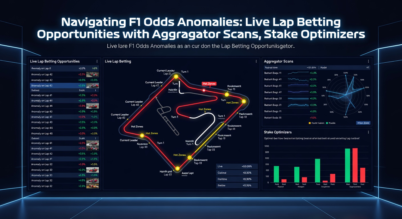 Close-up of a betting dashboard displaying stake optimizer calculations for F1 live lap markets, graphs showing Kelly criterion outputs and bankroll projections