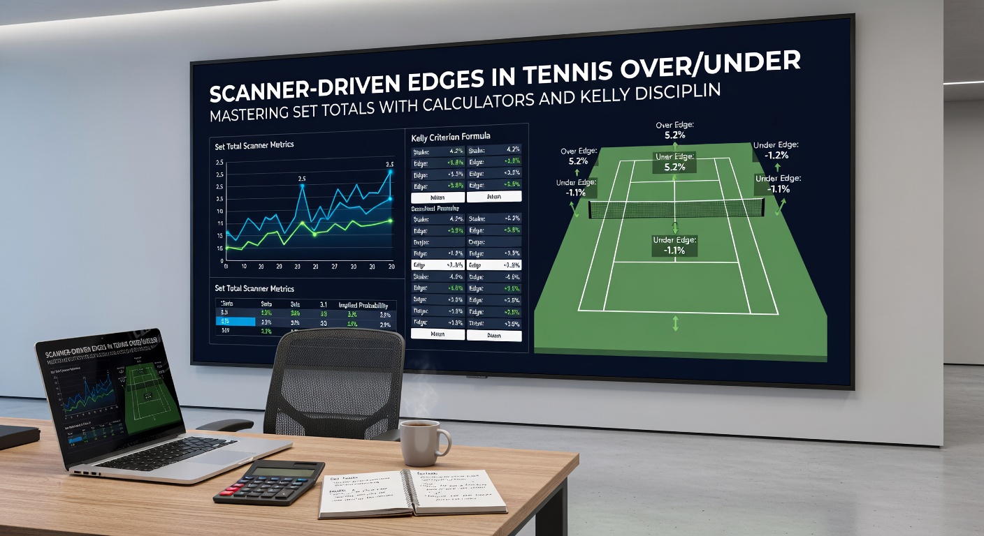 Digital dashboard displaying tennis scanner results with over/under odds and Kelly stake recommendations
