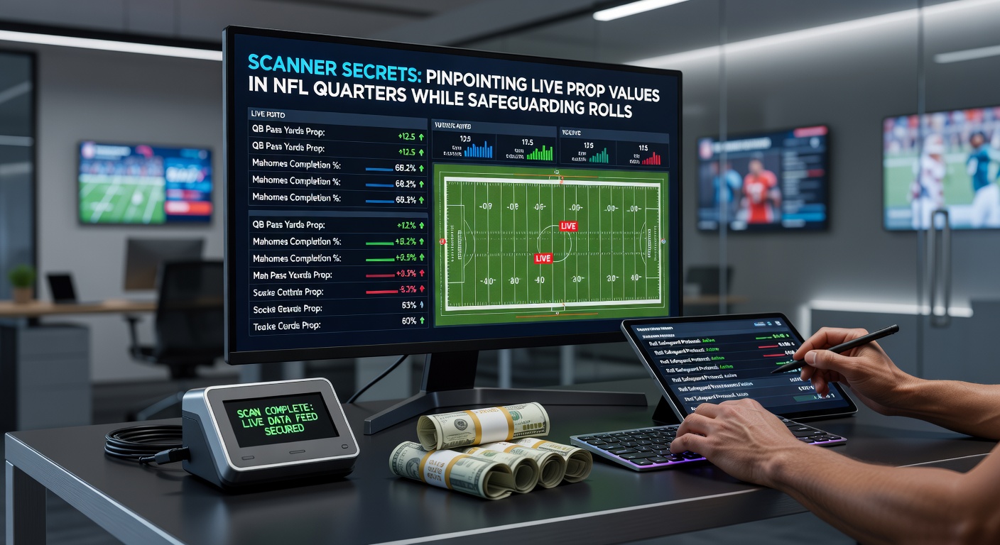 Close-up of NFL game clock in the second quarter with overlaid scanner alerts for prop bet values