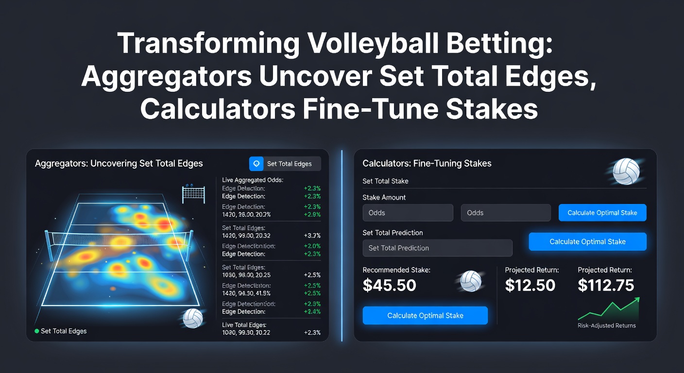 Digital dashboard displaying a betting calculator interface with inputs for odds, edge percentage, and bankroll size, illustrating stake optimization in volleyball markets