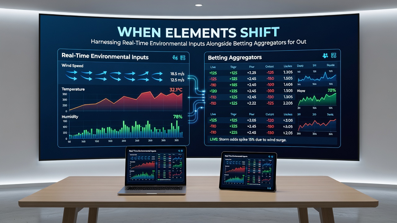Live environmental sensor data overlaid on betting aggregator interfaces showing tennis and golf markets