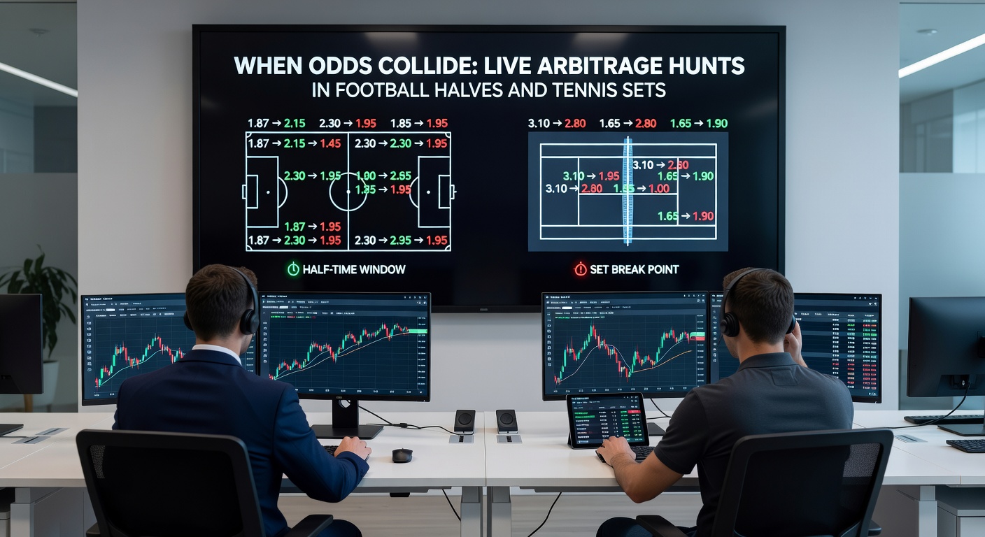 Tennis scoreboard displaying live set odds from multiple bookmakers, highlighting an arbitrage opportunity mid-match